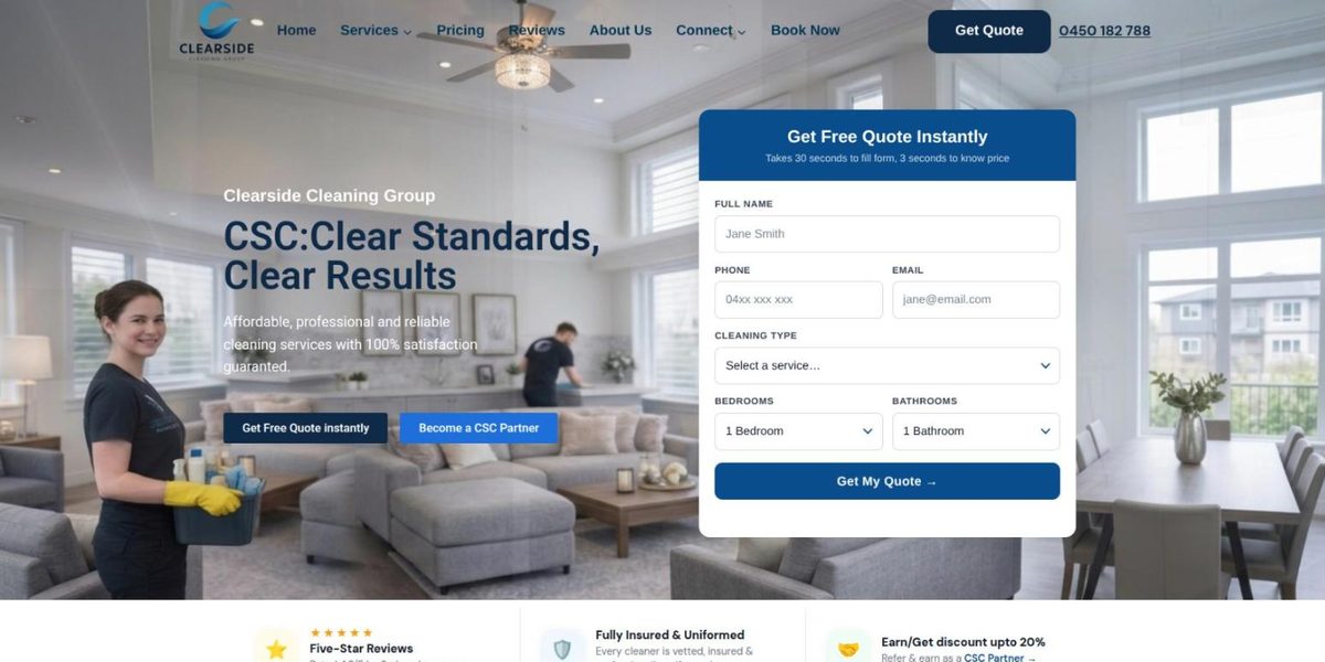 Screenshot of the Clearside Cleaning website